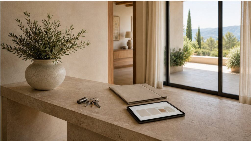 Console table with keys and a tablet in a bright home